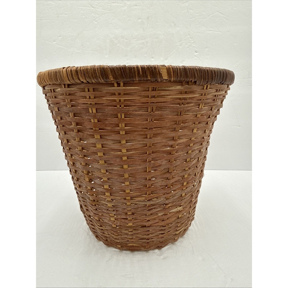 Vintage Woven Wood Splint Waste Basket Rustic‎ Farmhouse Decor Storage